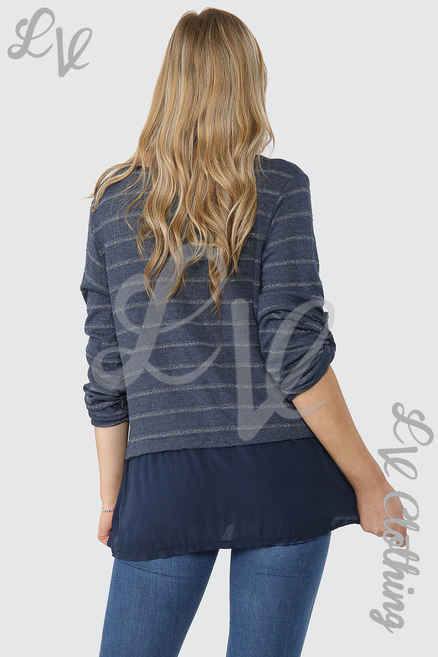 Ladies Lurex Stripe Top With Button Detail Navy - Unit Price £12.99