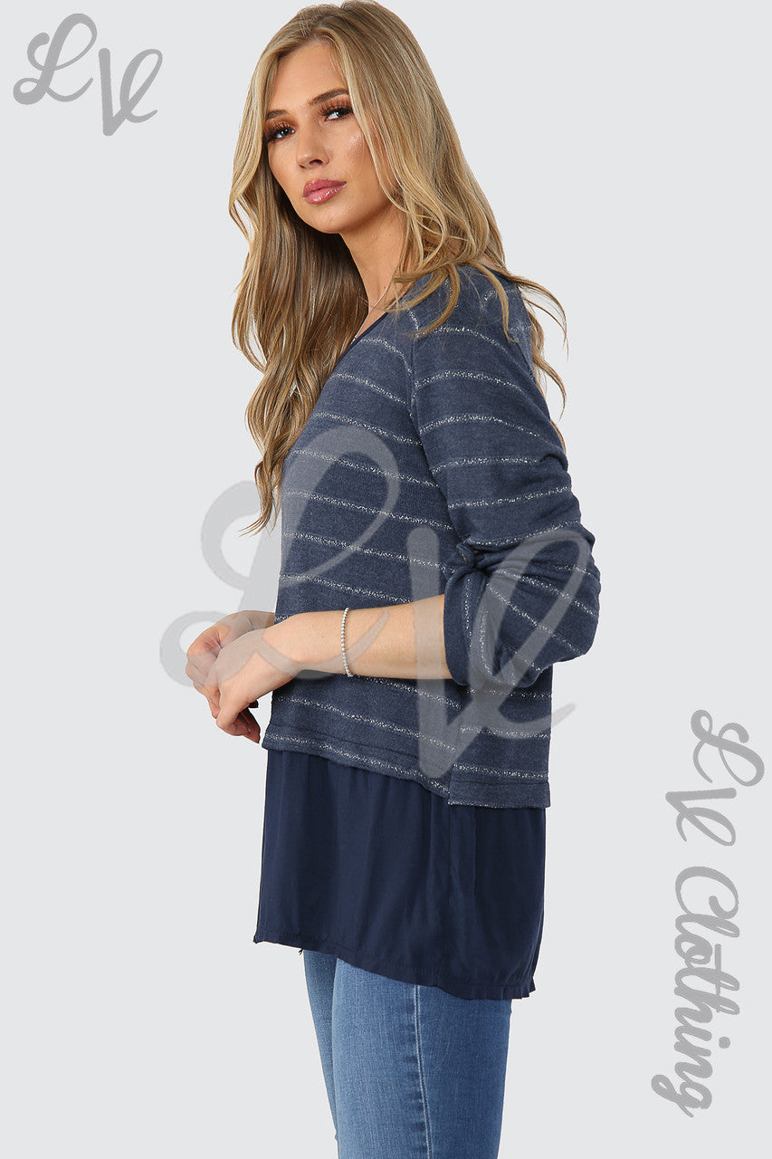 Ladies Lurex Stripe Top With Button Detail Navy - Unit Price £12.99