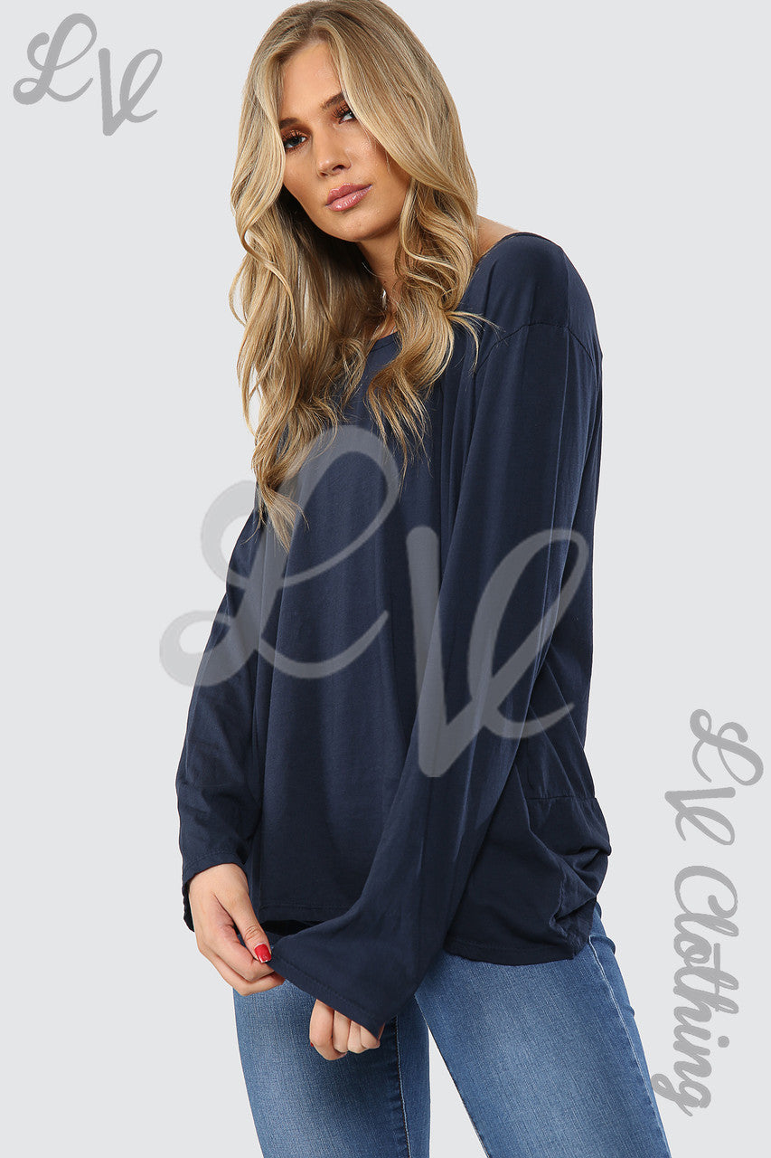 Dames Effen Oversized Top met Knoopsluiting op de Rug Marineblauw - Prijs per stuk € 8,99