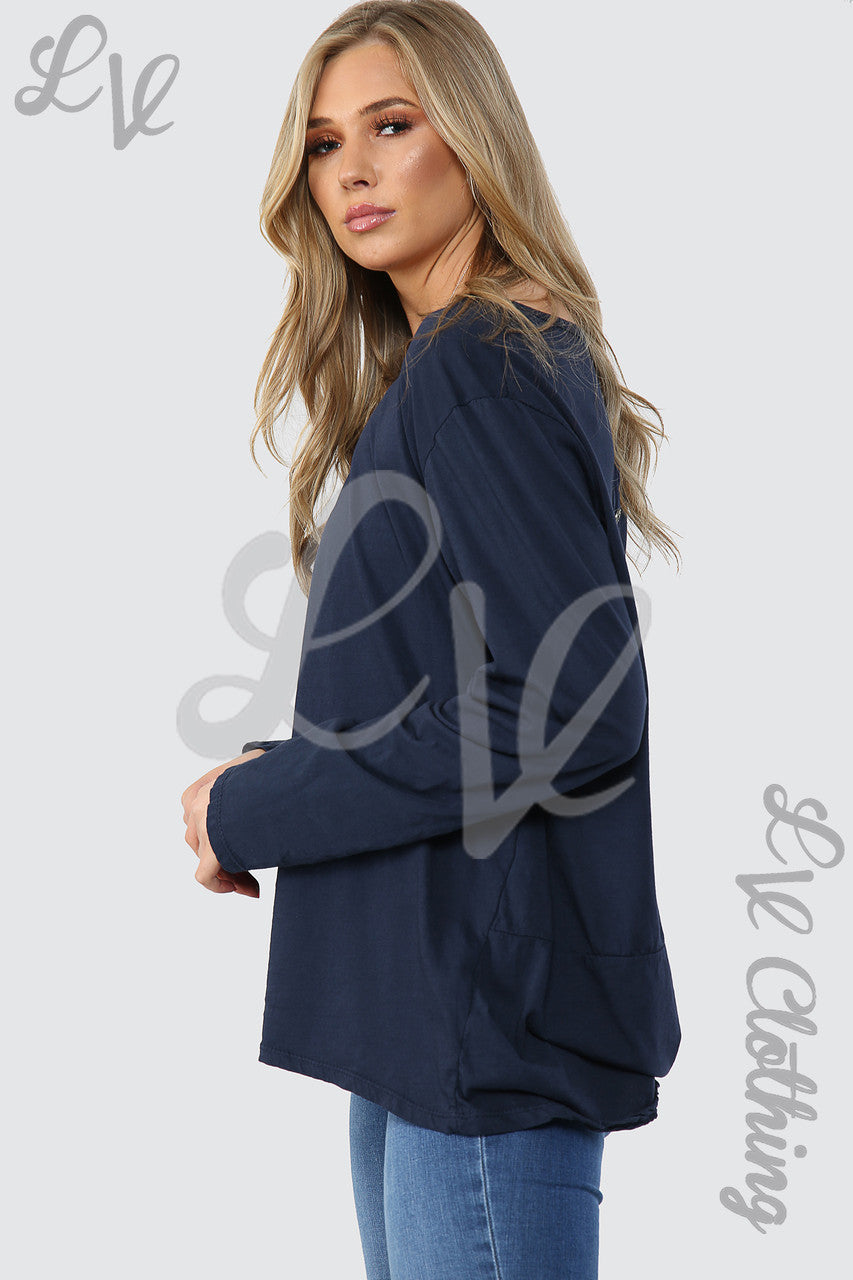Dames Effen Oversized Top met Knoopsluiting op de Rug Marineblauw - Prijs per stuk € 8,99