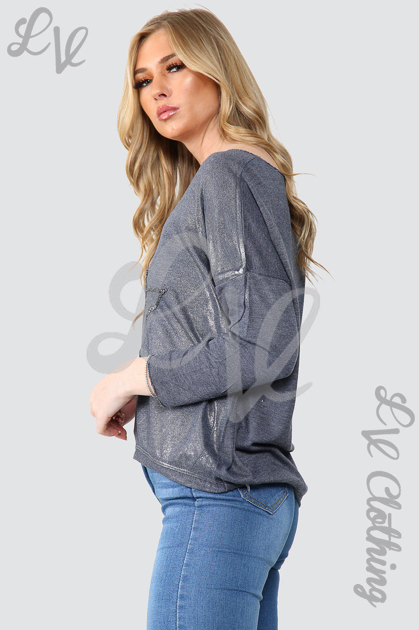 Dames Shimmer Star Geborduurd Topje Marine - Stukprijs €11,99
