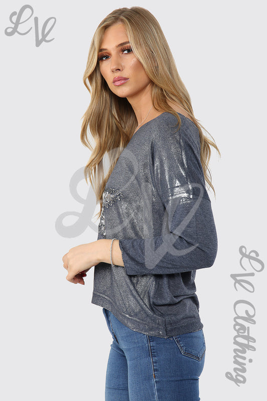 Dark navy long-sleeve top with silver star sequin embroidery and crew neck