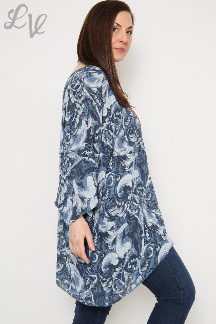 Dames Barokprint Vleermuismouw Top Marine Per stuk € 12,99