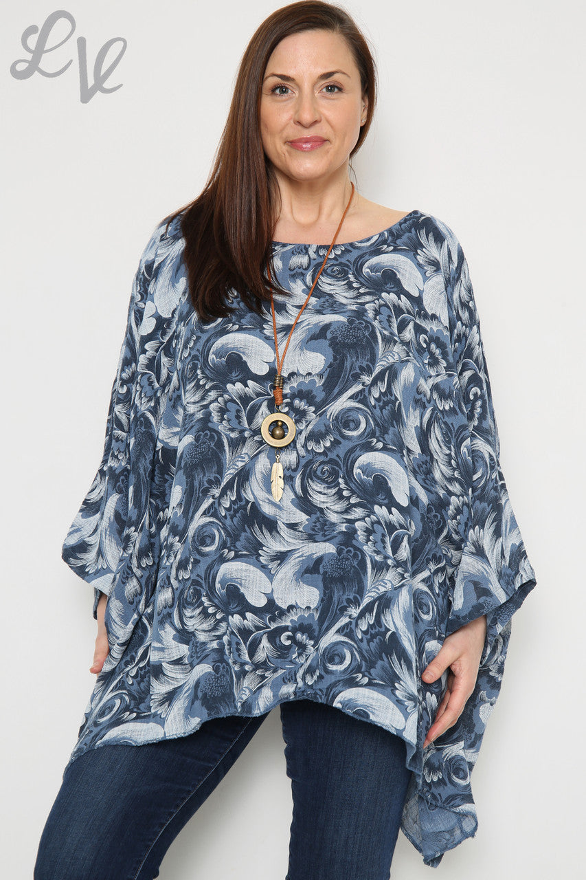 Dames Barokprint Vleermuismouw Top Marine Per stuk € 12,99