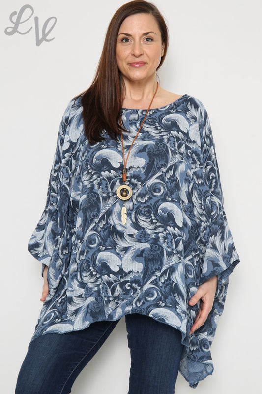 Ladies Baroque Print Batwing Top Navy Unit Price £12.99