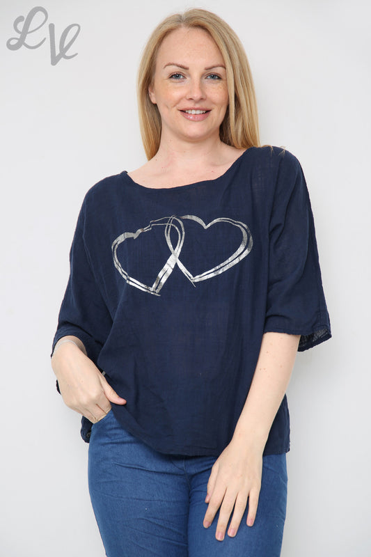Ladies Double Foil Heart Top Navy Unit Price £7.99