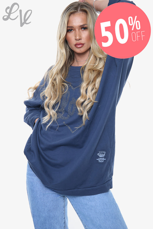 Ladies Dimante Love Heart Sweatshirt Top Navy Unit Price WAS £13.99 NOW £6.99