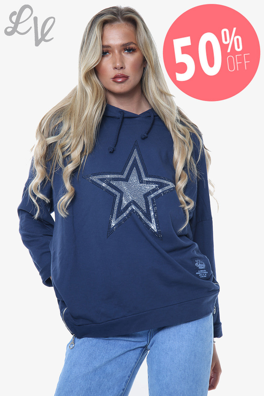 Dames Hooded Top met Diamanten Ster Marineblauw Per stuk WAS £13,99 NU £6,99