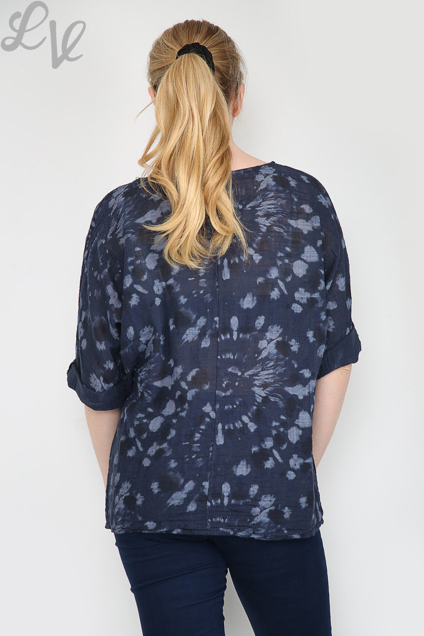 Dames Tie Dye Print Eenvoudige Top Marineblauw Stukprijs €7,99
