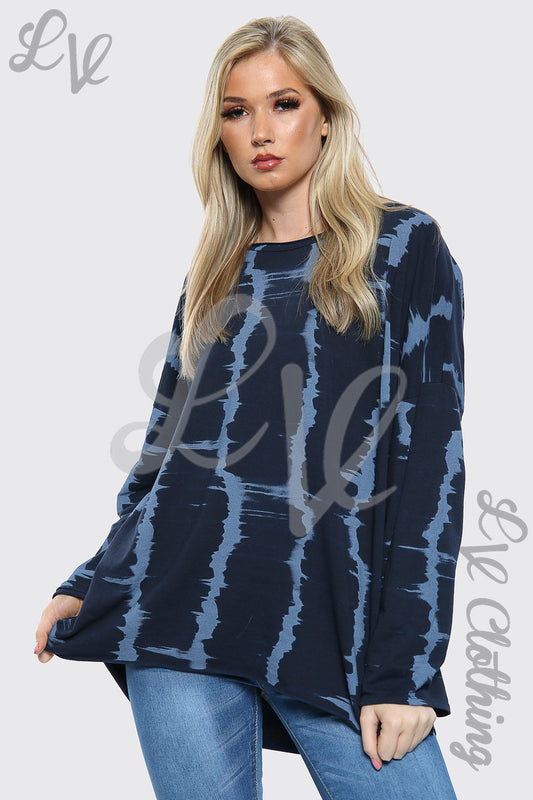 Navy tie-dye print sweatshirt with long sleeves and loose fit