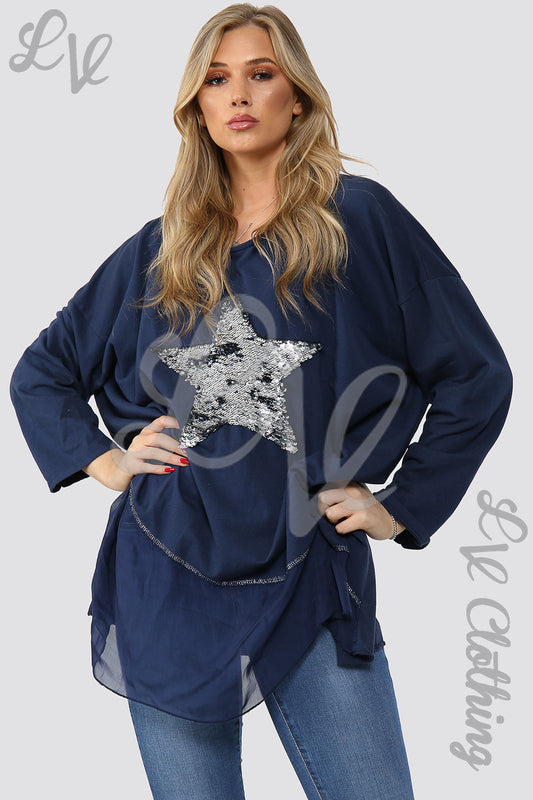 Ladies navy chiffon tunic top with silver star print and stepped chiffon hem