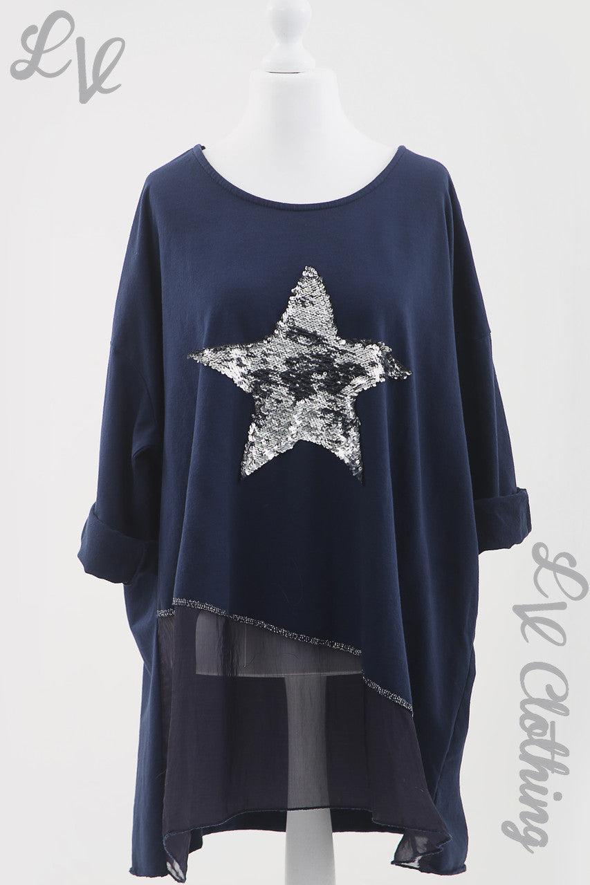 Ladies Silver Star Print Chiffon Hem Tunic Top Navy - Unit Price £12.99