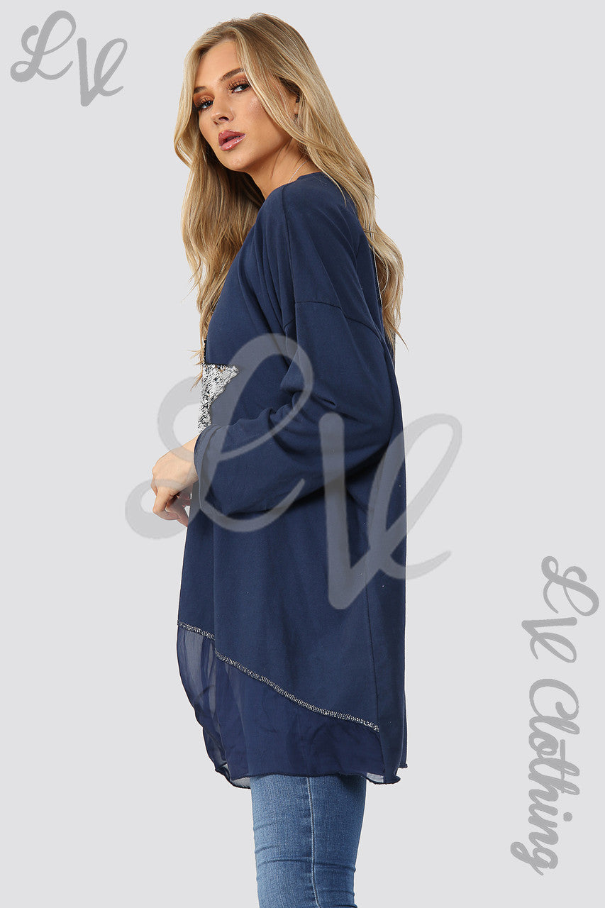 Ladies Silver Star Print Chiffon Hem Tunic Top Navy - Unit Price £12.99