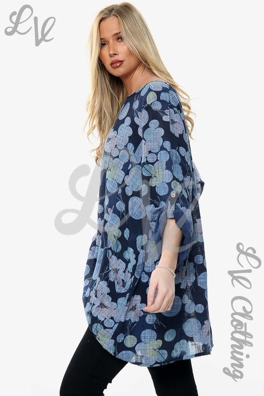 Ladies Floral Blossom Print Top Navy Unit Price £12.99