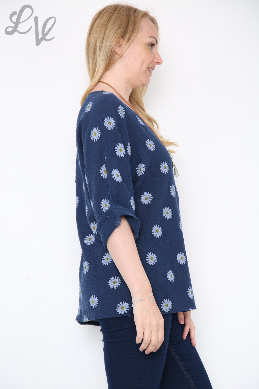 Dames Ditsy Daisy Print Top Met Ketting Marineblauwe Stukprijs € 8,99