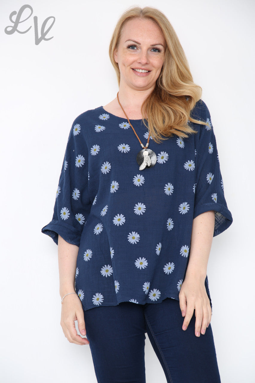 Dames Ditsy Daisy Print Top Met Ketting Marineblauwe Stukprijs € 8,99