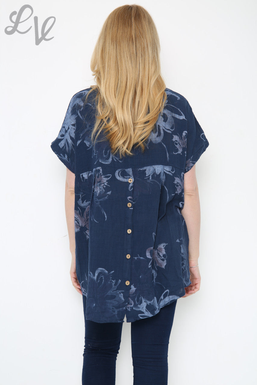 Dames top met abstracte bloemenprint marineblauw eenheidsprijs €10,99