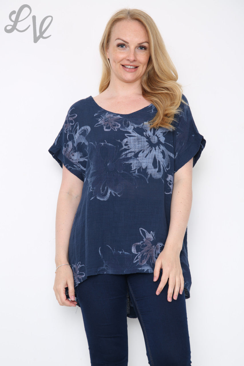 Dames top met abstracte bloemenprint marineblauw eenheidsprijs €10,99