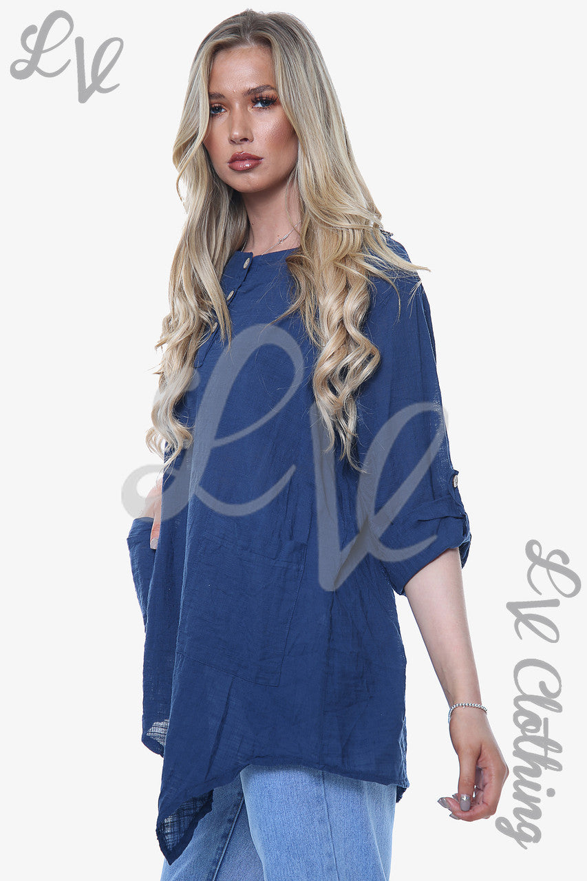 Dames Effen Top met Gedrapeerde Zoom Marineblauw Stukprijs €9,99