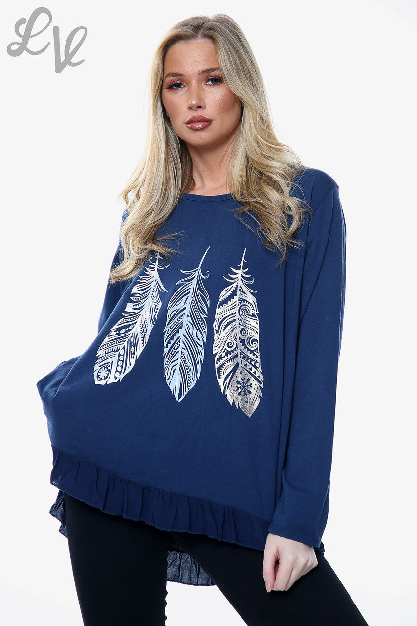 Dames top met verenprint in marineblauw Eenheidsprijs € 10,99