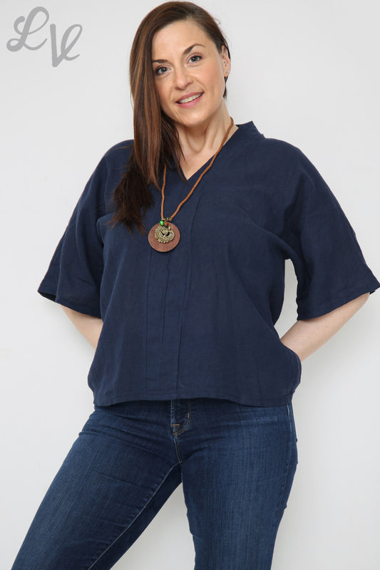 Ladies Linen Plain V-Neck Top With Necklace Navy Unit Price £9.99