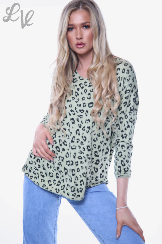 Ladies Leopard Ditsy Print Fine Knit Top Olive Unit Price WAS £10.99 NOW £8.24