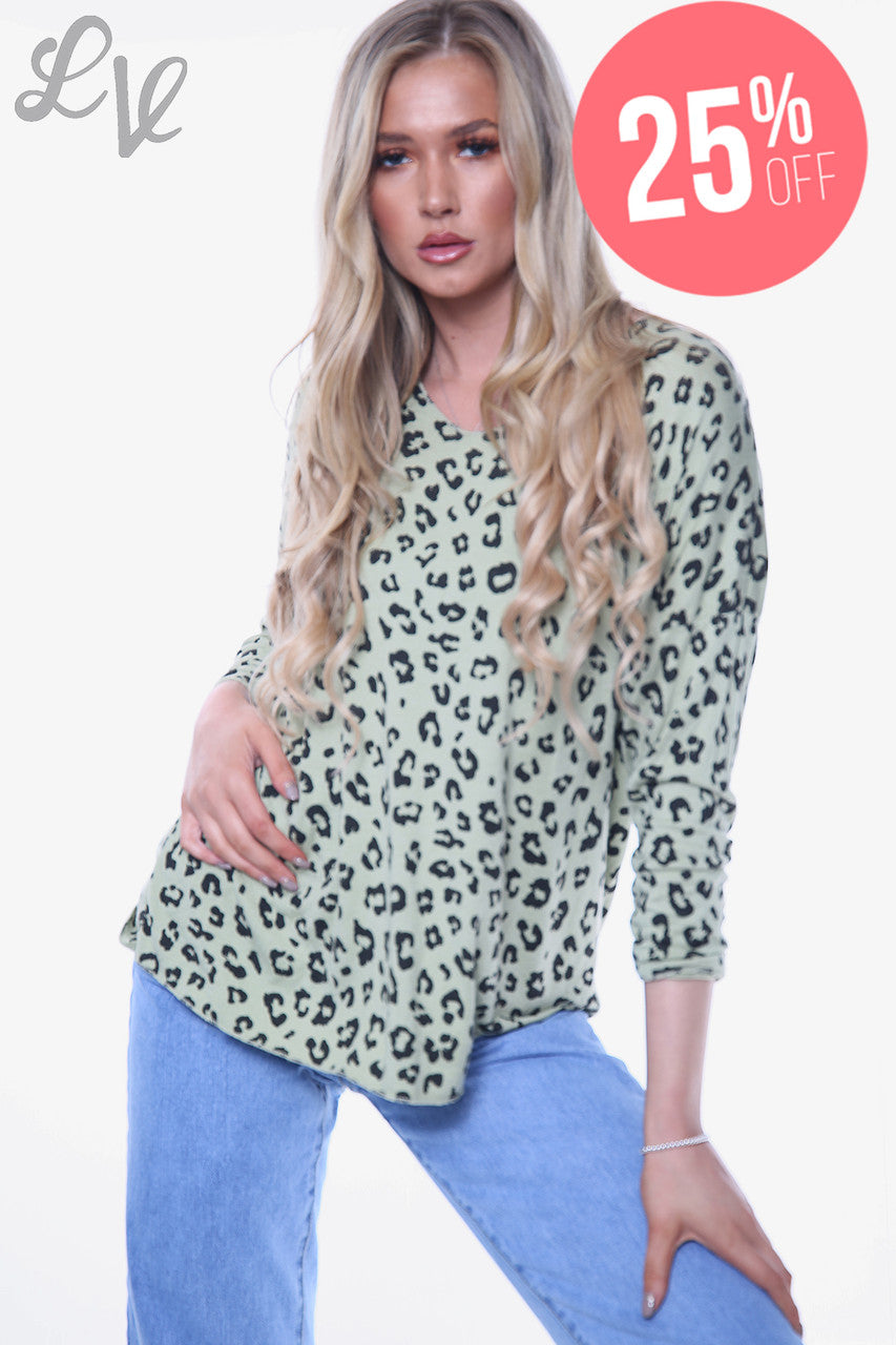 Dames Top met Luipaardprint en Fijne Brei Olijf Eenheidsprijs WAS €10,99 NU €8,24
