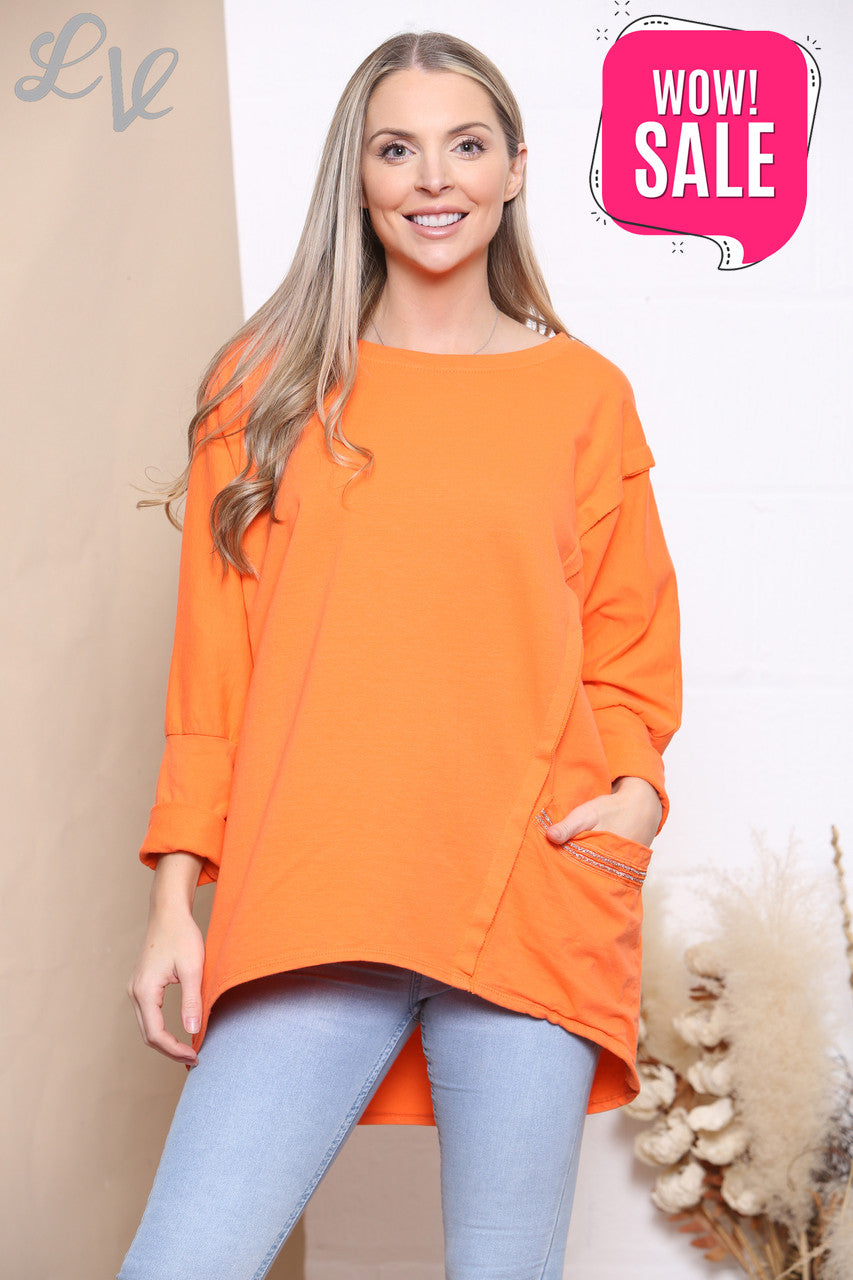 Ladies Glitter Pocket Sweatshirt Top Orange