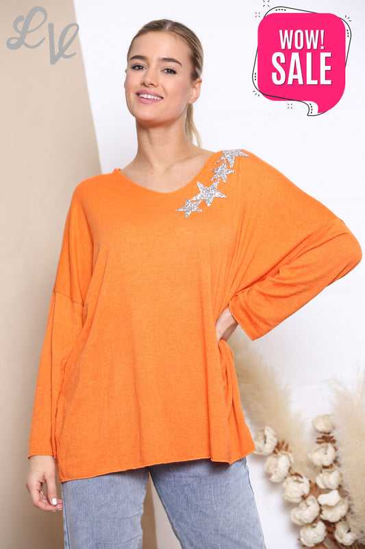 Ladies Sequin Star Shoulder Fine Knit Jumper Top Orange