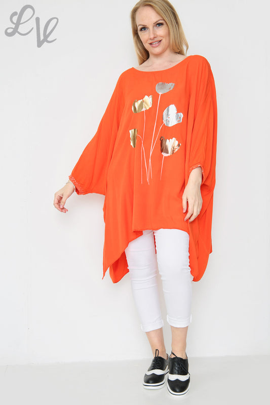 Ladies Foil Tulip Print Floaty Top Orange Unit Price £11.99