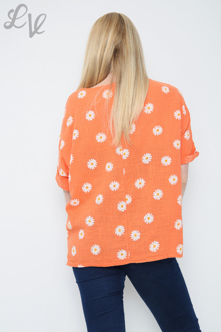 Dames Top Met Ditsy Madeliefjesprint En Ketting Oranje Stukprijs €8,99