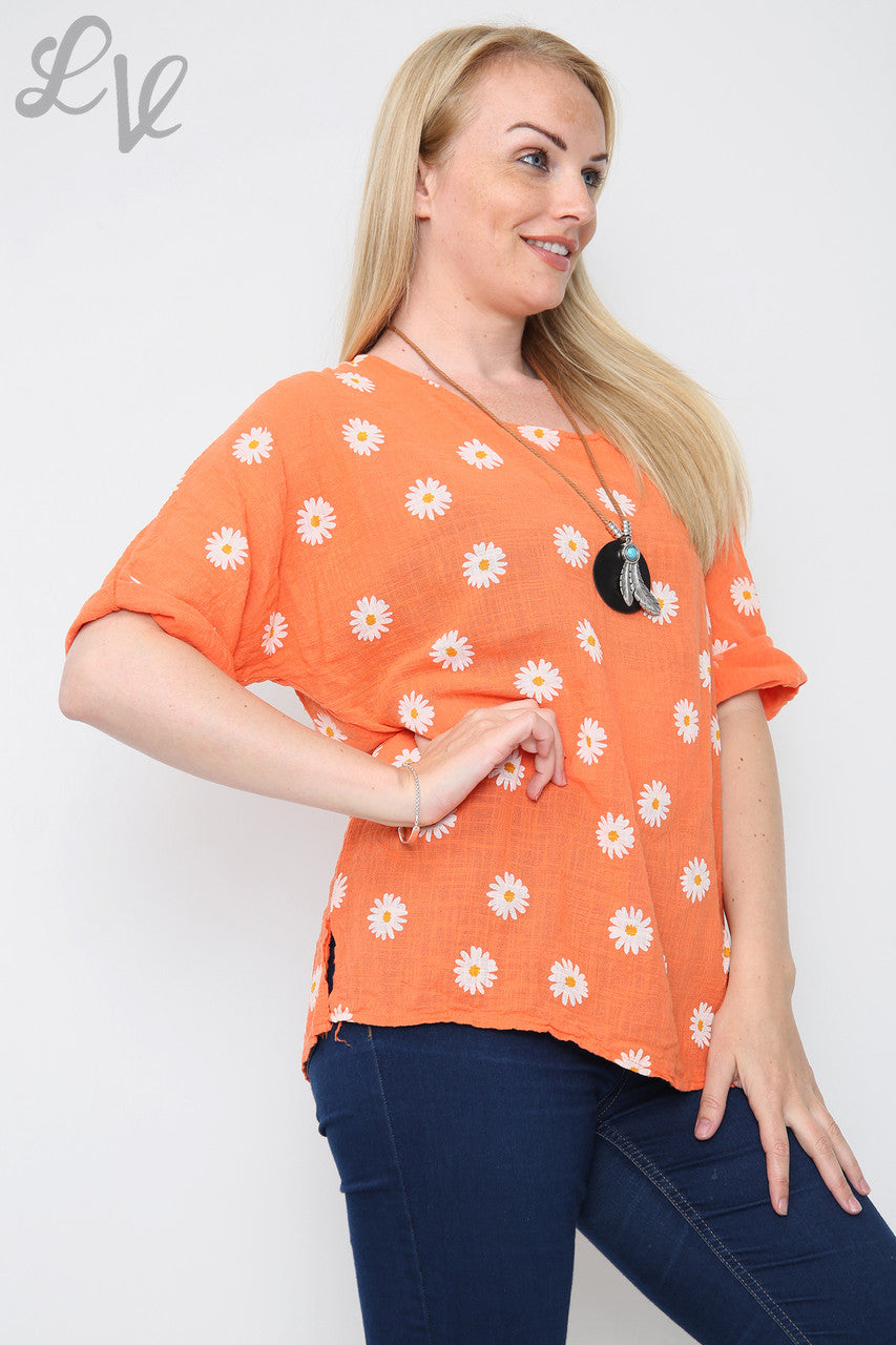 Dames Top Met Ditsy Madeliefjesprint En Ketting Oranje Stukprijs €8,99