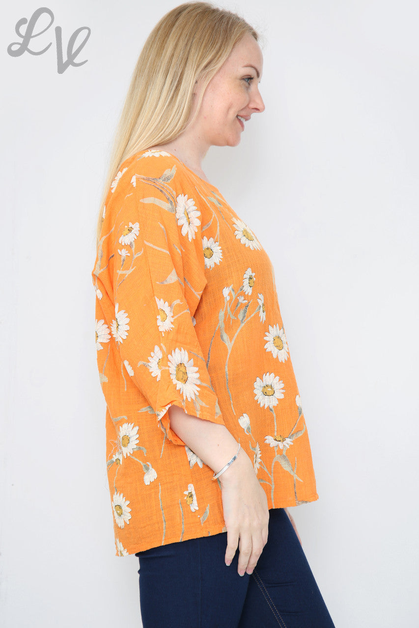 Ladies Daisy Stem Print Top Orange