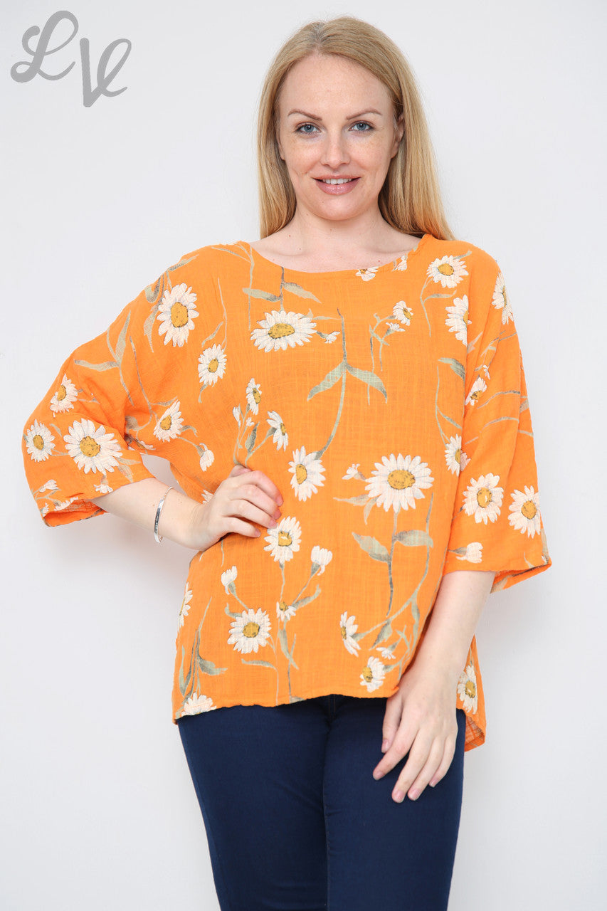 Ladies Daisy Stem Print Top Orange