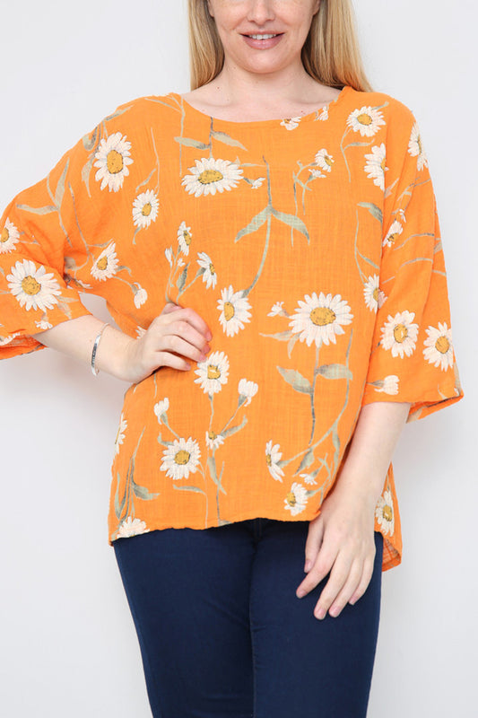 Ladies Daisy Stem Print Top Orange