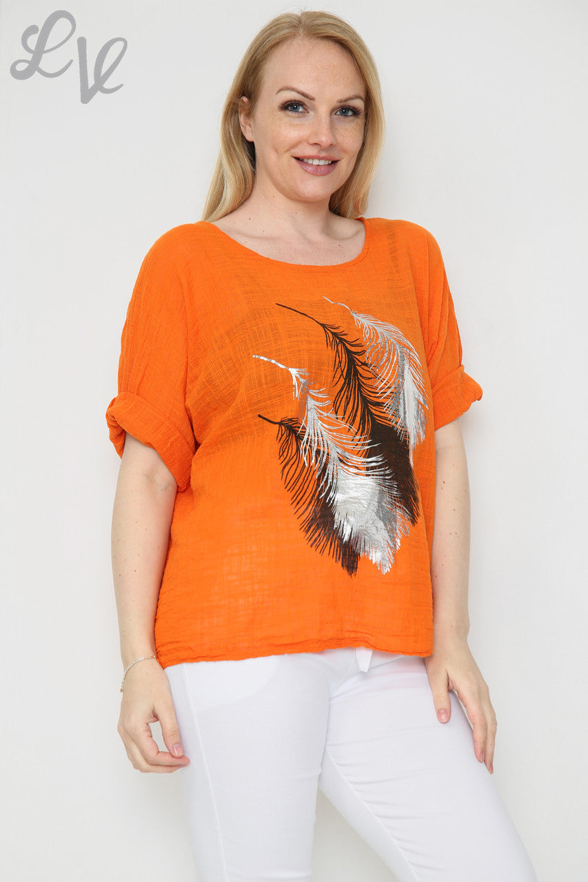 Dames Top met Folie Bladdesign Oranje Stukprijs €12,99