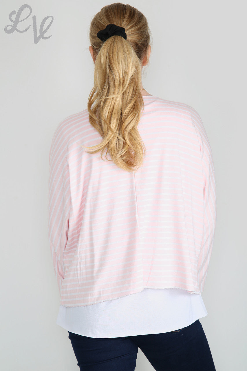 Dames gestreepte top met dubbele laag roze eenheidsprijs £8.99