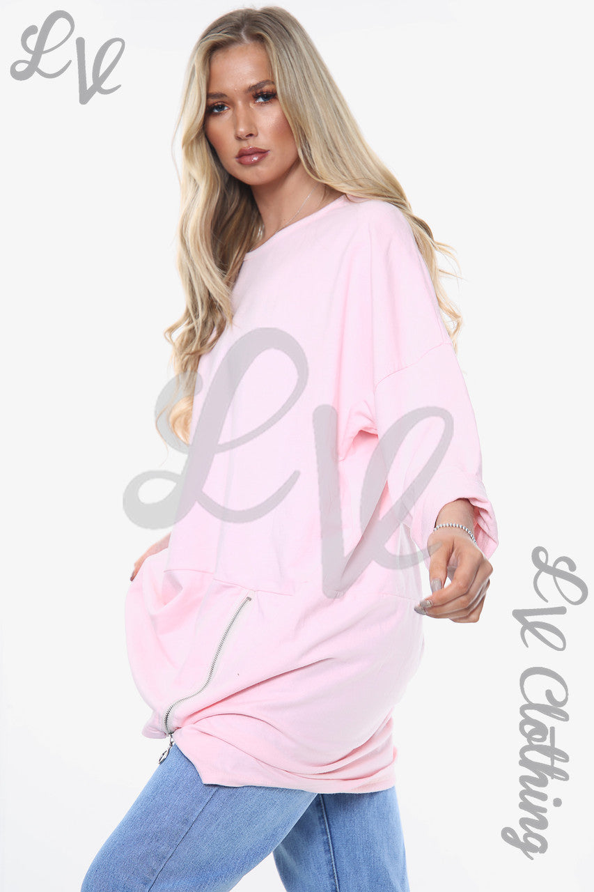 Ladies Plain Sweatshirt With Zip Detail Pink Unit Price WAS £12.99 NOW £6.49