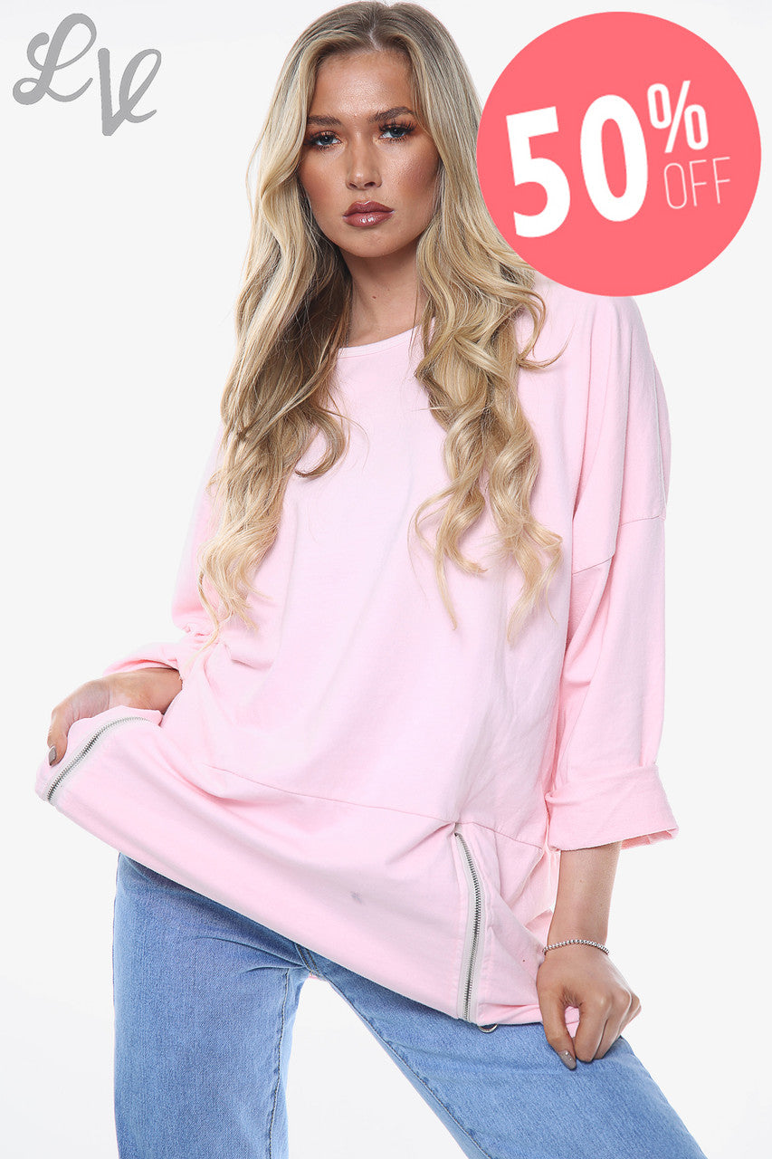 Ladies Plain Sweatshirt With Zip Detail Pink Unit Price WAS £12.99 NOW £6.49