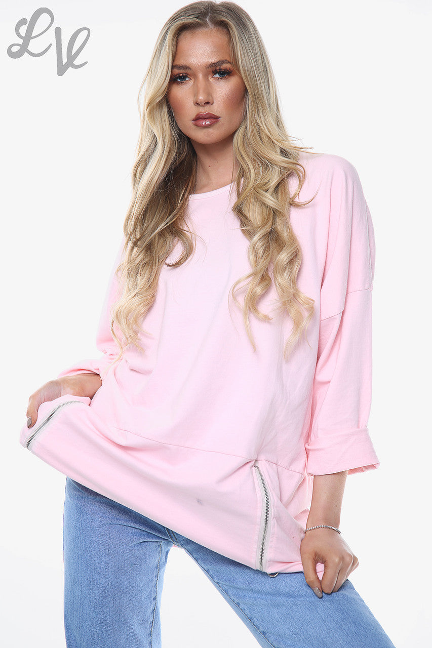 Ladies Plain Sweatshirt With Zip Detail Pink Unit Price WAS £12.99 NOW £6.49