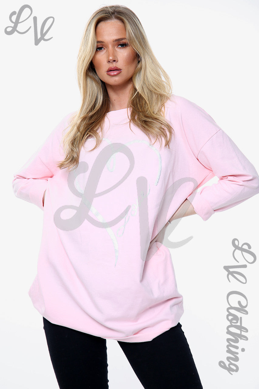 Dames Folie Hart Liefde Graphic Sweatshirt Top Roze Prijs WAS €12,99 NU €9,74