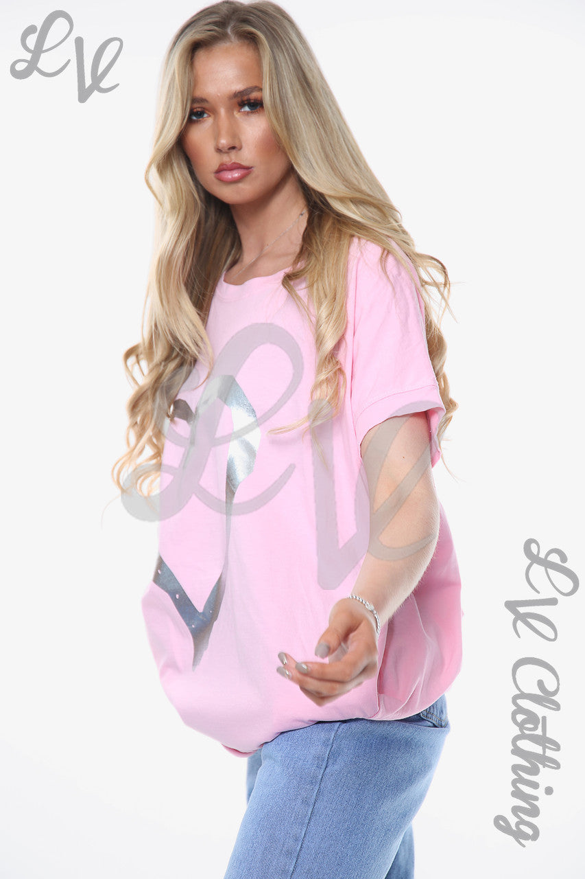 Damesfolie Hart Graphic Top Roze Stukprijs €10,99