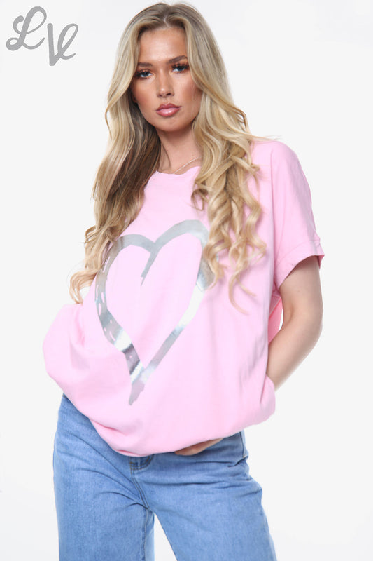 Ladies Foil Heart Graphic Top Pink Unit Price £10.99