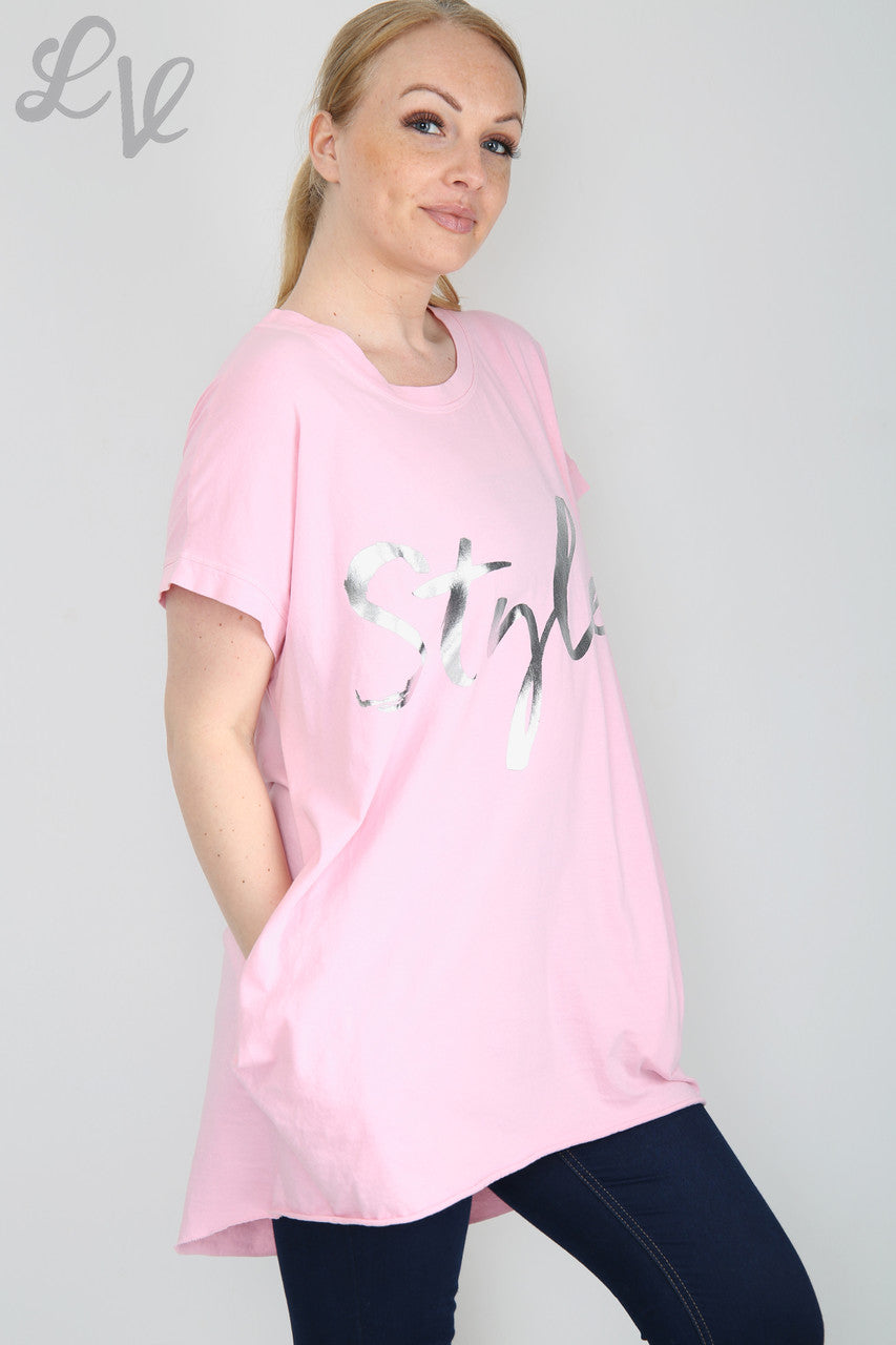 Dames folie 'Stijl' grafische top roze Prijs per stuk € 8,99
