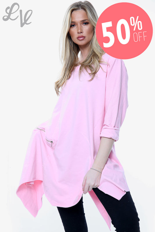 Ladies Draped Hem & Zip Detail Sweatshirt Top Pink Unit Price WAS £11.99 NOW £5.99