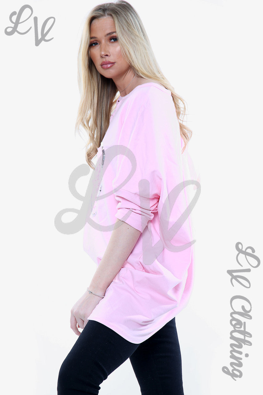 Damesapplicatie Ruche Folie Hart Sweatshirt Top Roze Eenheidsprijs WAS €13,99 NU €6,99