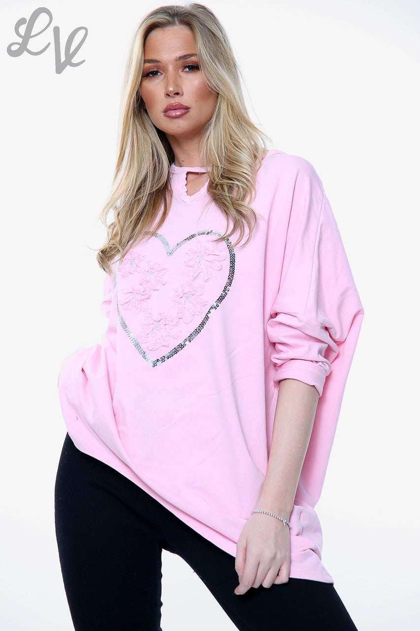 Damesapplicatie Ruche Folie Hart Sweatshirt Top Roze Eenheidsprijs WAS €13,99 NU €6,99