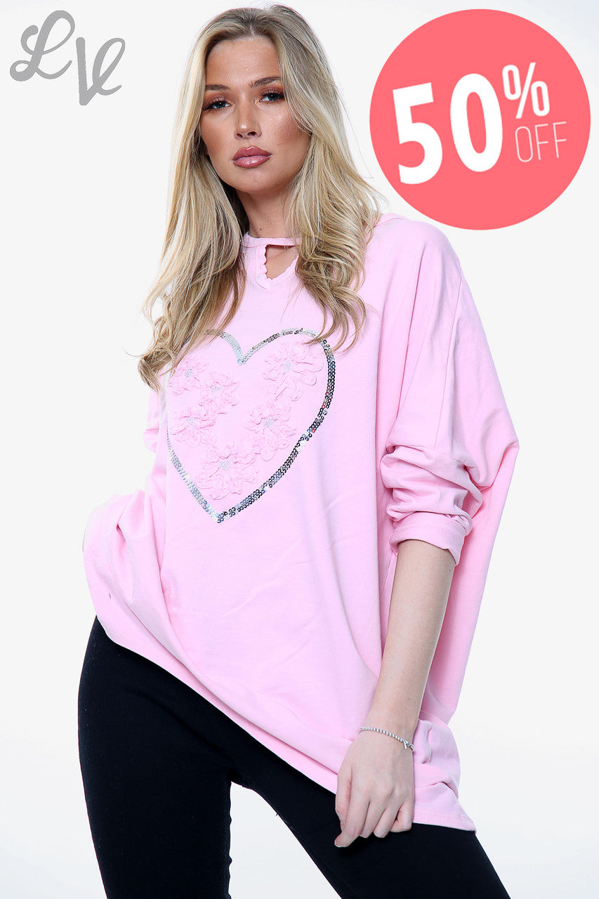 Damesapplicatie Ruche Folie Hart Sweatshirt Top Roze Eenheidsprijs WAS €13,99 NU €6,99