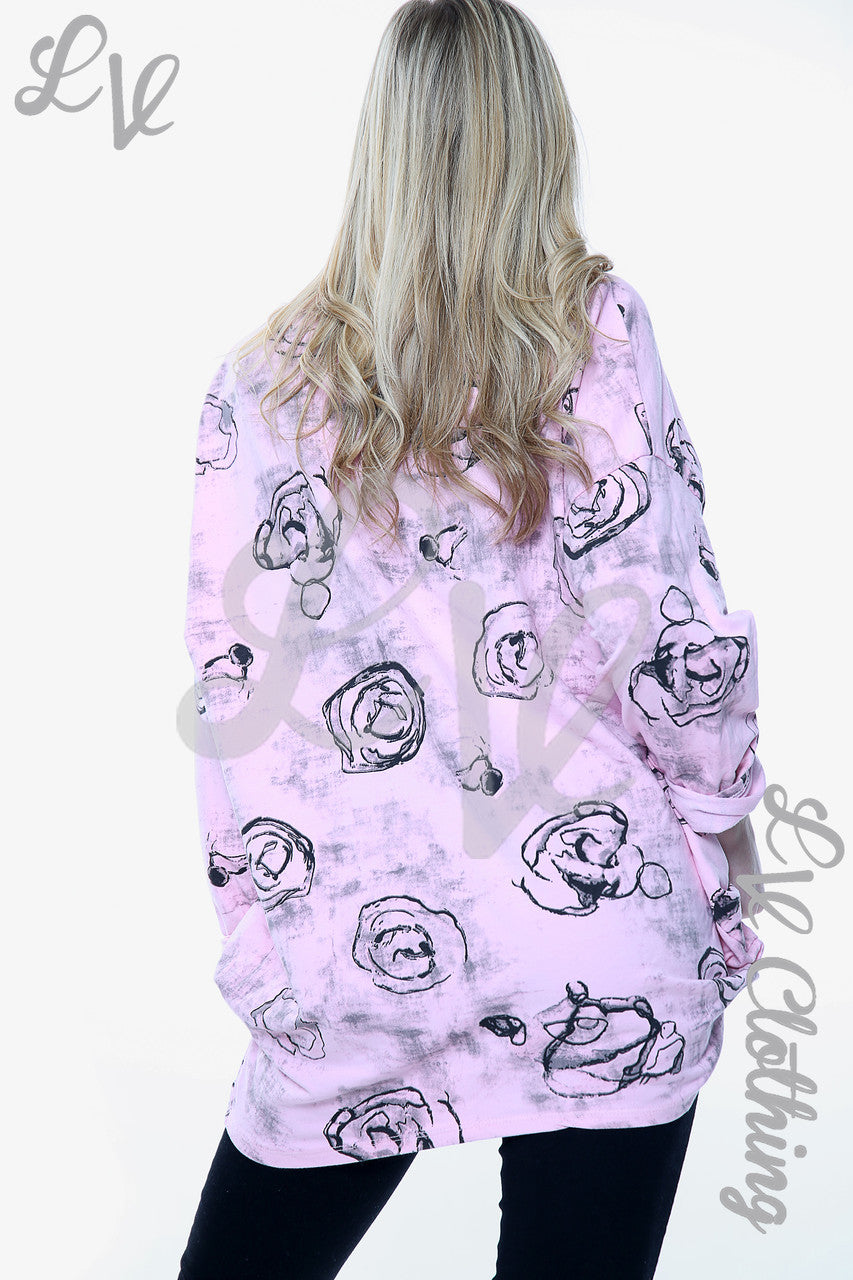 Dames Rozen Schetsprint Sweatshirt Top Roze Stukprijs € 11,99