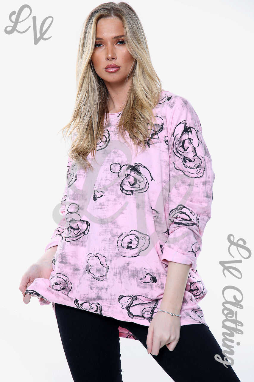Dames Rozen Schetsprint Sweatshirt Top Roze Stukprijs € 11,99